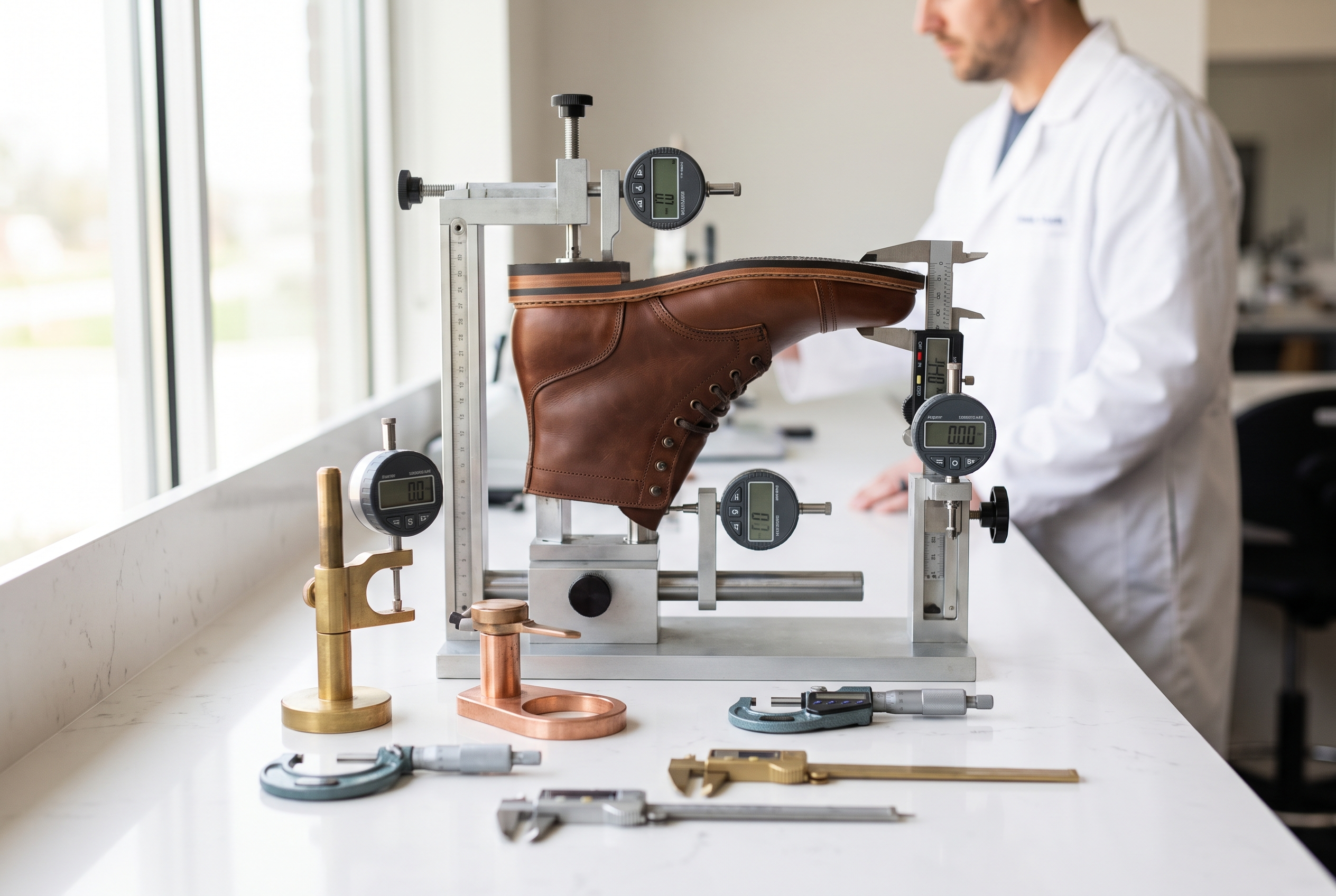 Footwear quality-control lab station with inspection jig and measuring tools